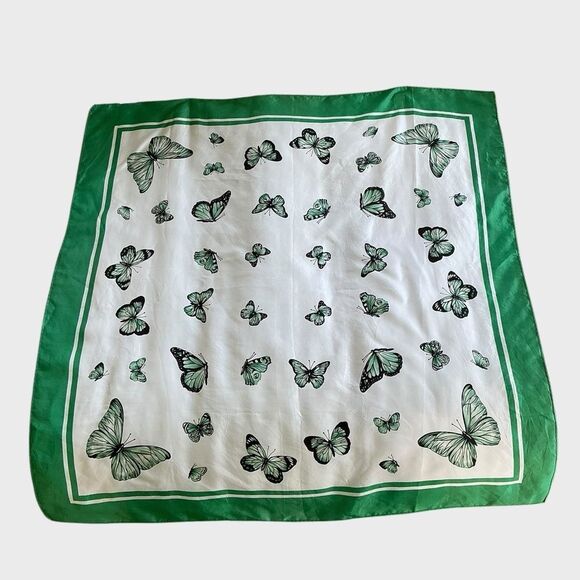 Butterfly Print Scarf with Green Border Summer Spring Twilly - Picture 2 of 6
